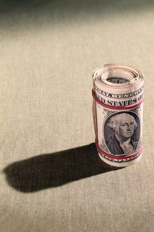 1970s Red Elastic Rubber Bands Around Roll Of One Dollar Bills