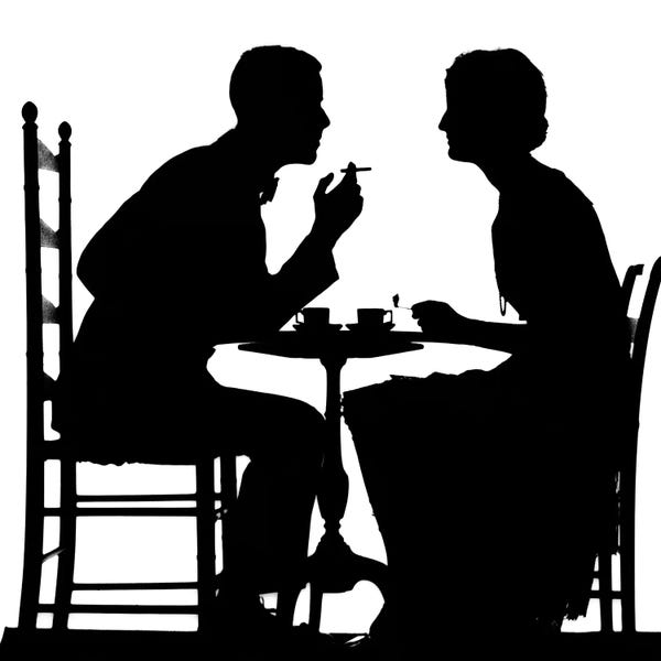 Fashion Photography: 1920s 1930s Silhouette Of Anonymous Couple Sitting At Tea Table With Teacups Man Smoking Cigarette by Vintage Images