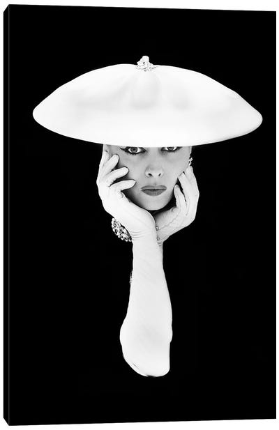 1950s Glamorous Woman Long White Gloves And Hat Against Dark Background Looking At Camera Canvas Art Print - Hat Art