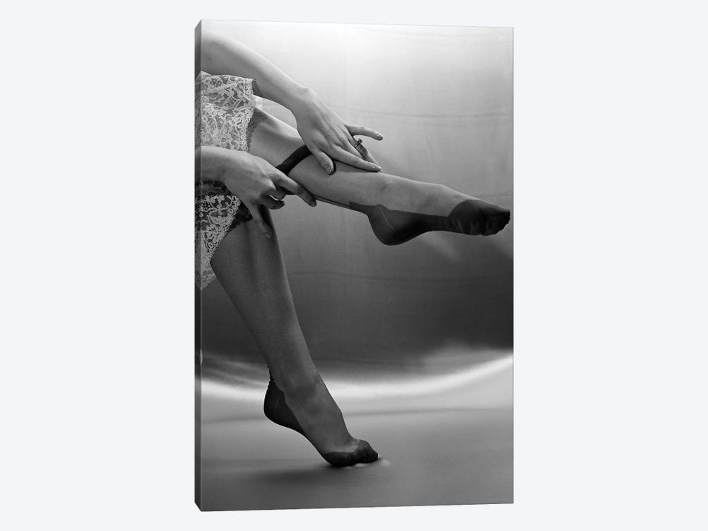 1950s Hands Pulling On Nylon Hosiery With The Bottom Of Slip Showing Lace Trim by Vintage Images 1-piece Canvas Artwork