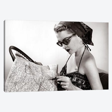 1950s Woman Wearing Bandana Sunglasses & Halter Top Marking Road Map Canvas Print #VTG656} by Vintage Images Canvas Wall Art