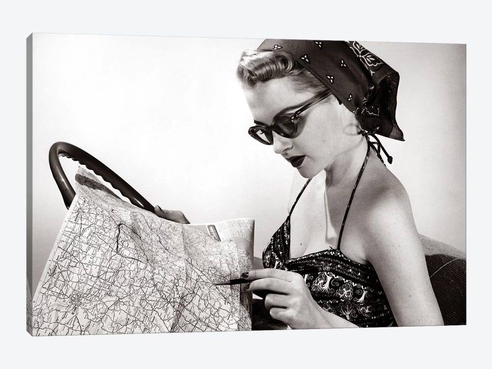 1950s Woman Wearing Bandana Sunglasses & Halter Top Marking Road Map by Vintage Images 1-piece Canvas Art Print