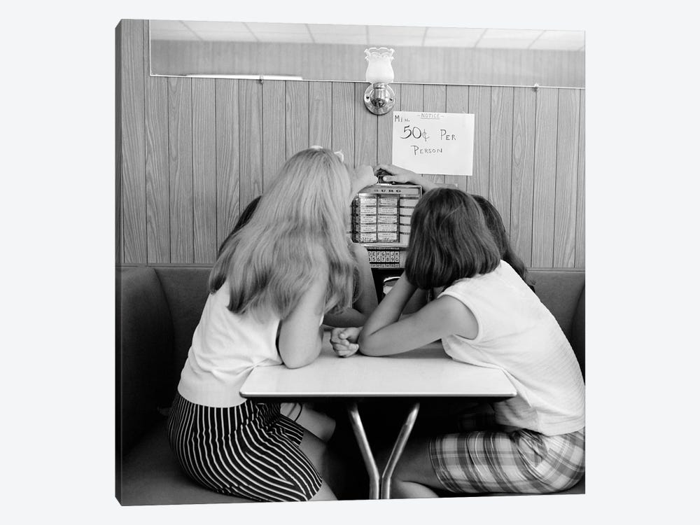 1960s Four Teenage Girls Putting Coins In Slot Of Small Individual Juke Box Of Diner Soda Shop by Vintage Images 1-piece Canvas Artwork