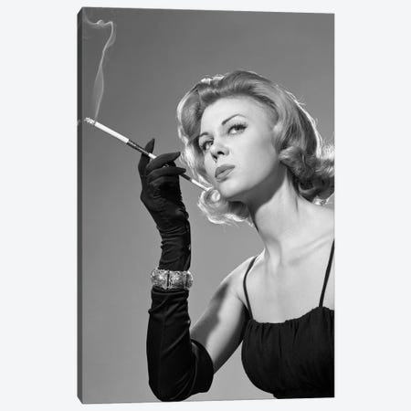 1960s Sexy Sultry Woman In Black Evening Dress Long Black Gloves Bracelet Smoking Cigarette In Long Cigarette Holder Canvas Print #VTG658} by Vintage Images Canvas Art Print