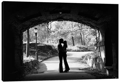 1960s Silhouette Of Anonymous Young Couple Embracing Kissing At Entrance To Central Park Tunnel New York City Usa Canvas Art Print - Central Park