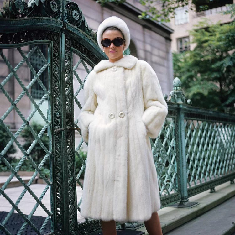 1960s Woman Wearing White Fur Coat Hat Sunglasses By Wrought Iron Gate Clothes