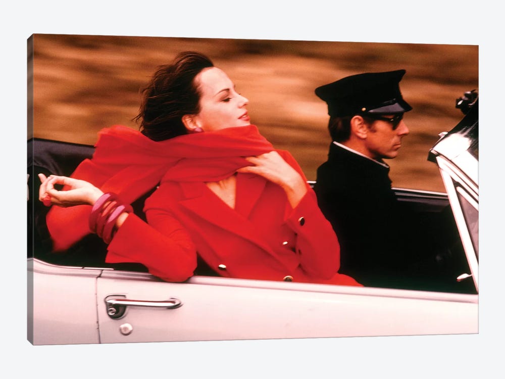 1970s Stylish Woman Red Dress Scarf Driving Open Air Convertible Sports Car Chauffeur Style Fashion Wealth Luxury by Vintage Images 1-piece Canvas Art