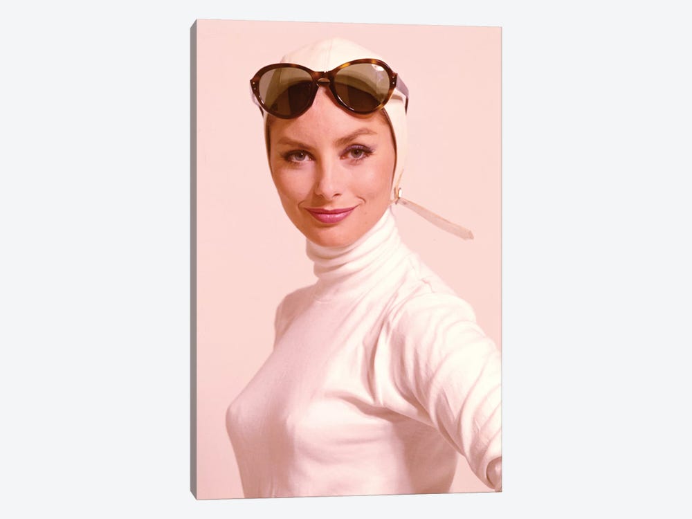 1970s Smiling Woman Wearing Designer Fashion White Turtle Neck Top White Leather Aviator Helmet Large Tortoise Shell Sunglasses by Vintage Images 1-piece Canvas Artwork