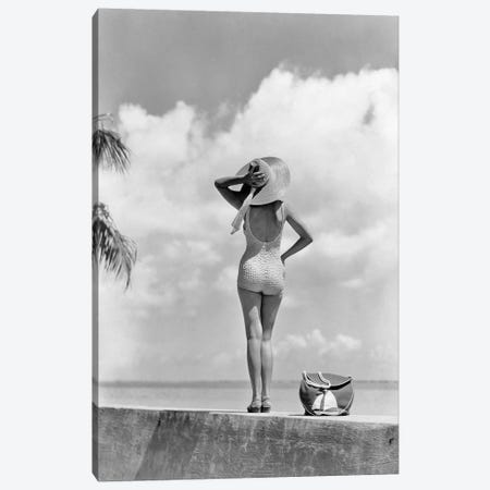 1930S 1940S Anonymous Womanstanding On Tropical Beach Wall Canvas Print #VTG670} by Vintage Images Canvas Art Print