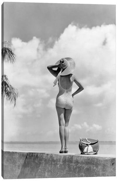 1930S 1940S Anonymous Womanstanding On Tropical Beach Wall Canvas Art Print - Women's Swimsuit & Bikini Art