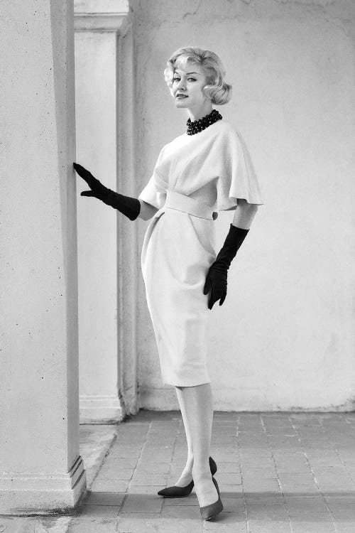 1960S Elegant Blonde Woman Wearing Dress With Full Draped Sleeves Long Gloves