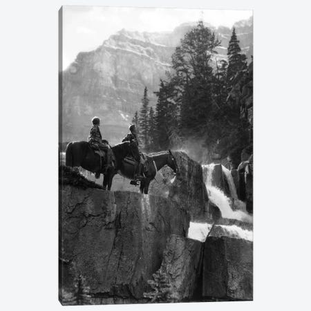 1920s 1930s Couple Man Woman On Horses By Waterfall In Pine Forest Giants Steps Paradise Valley Alberta Canada Canvas Print #VTG674} by Vintage Images Canvas Art