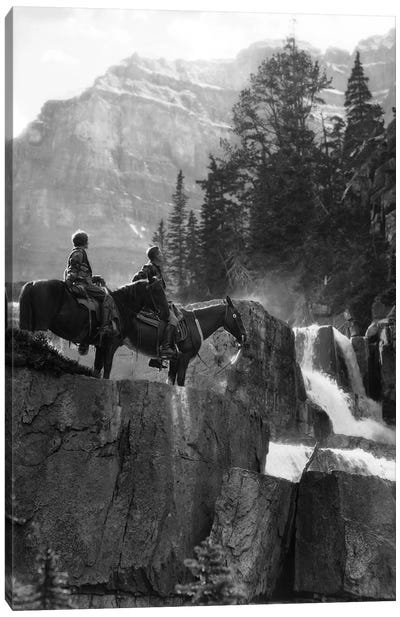 1920s 1930s Couple Man Woman On Horses By Waterfall In Pine Forest Giants Steps Paradise Valley Alberta Canada Canvas Art Print