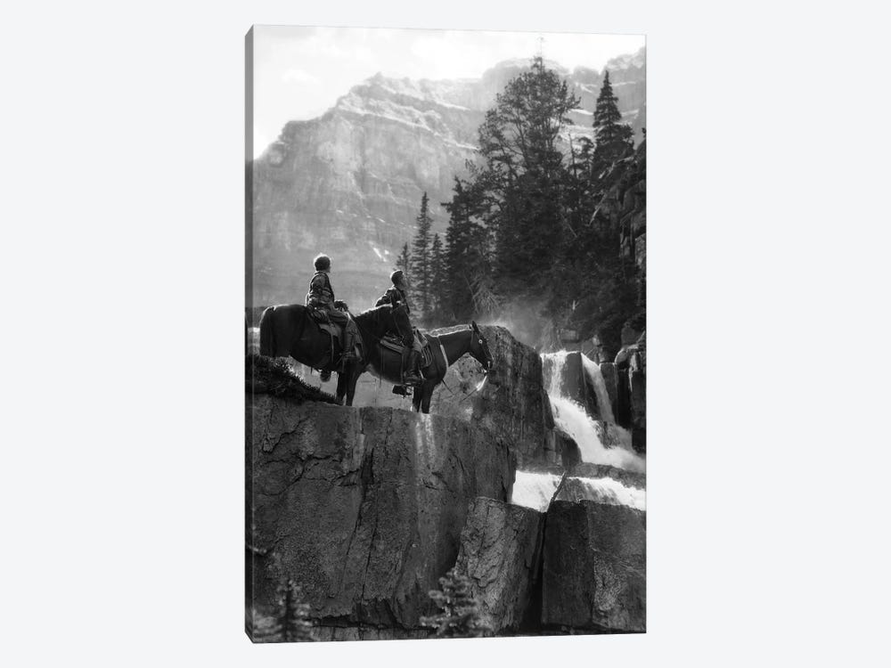 1920s 1930s Couple Man Woman On Horses By Waterfall In Pine Forest Giants Steps Paradise Valley Alberta Canada by Vintage Images 1-piece Canvas Art Print