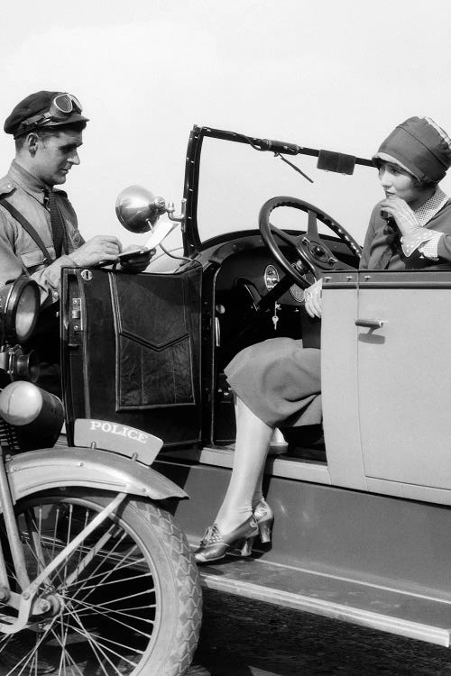 1920s Woman In Car Getting Ticketed By Motorcycle Cop