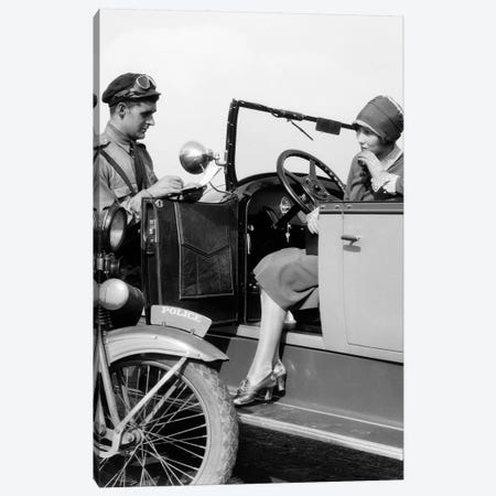 1920s Woman In Car Getting Ticketed By Motorcycle Cop Canvas Print #VTG677} by Vintage Images Canvas Wall Art