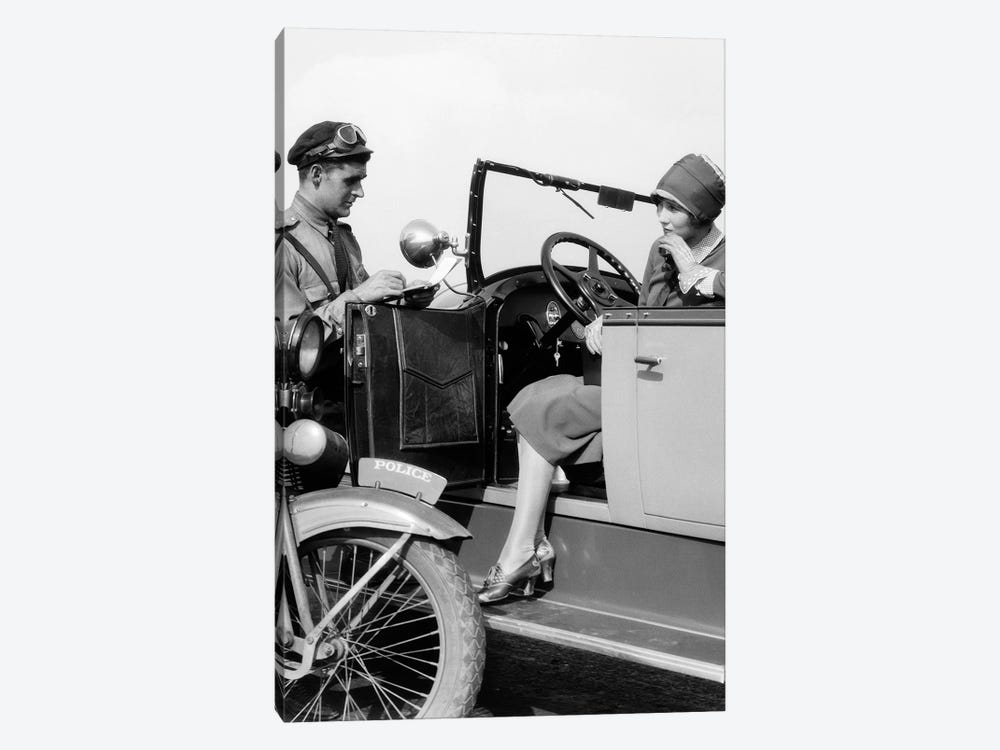 1920s Woman In Car Getting Ticketed By Motorcycle Cop by Vintage Images 1-piece Canvas Art