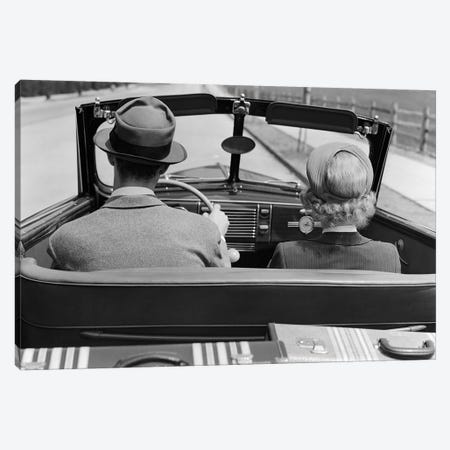 1930s 1940s Rear View Couple Driving Together In Convertible Luggage In Back Seat Canvas Print #VTG679} by Vintage Images Canvas Art Print