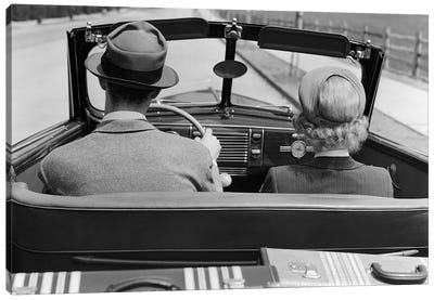 1930s 1940s Rear View Couple Driving Together In Convertible Luggage In Back Seat Canvas Art Print - Vintage Images