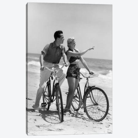 1930s Couple Man Woman Biking On Beach Woman Pointing To Horizon Canvas Print #VTG681} by Vintage Images Canvas Art