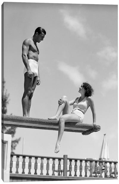 1930s Couple On Swimming Pool Diving Board Talking Canvas Art Print - Vintage Images