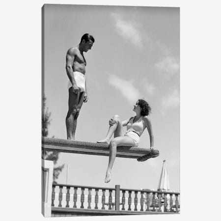 1930s Couple On Swimming Pool Diving Board Talking Canvas Print #VTG682} by Vintage Images Canvas Artwork