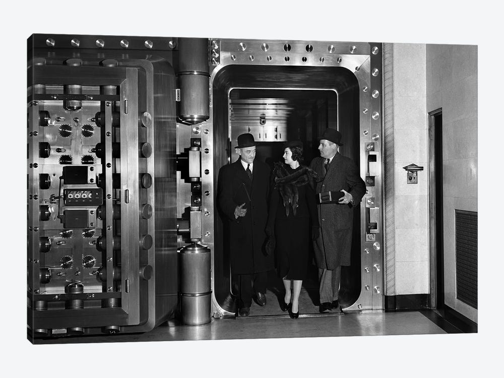 1930s Men And Woman Walking Out Of Bank Vault Wearing Hats And Coats by Vintage Images 1-piece Canvas Art