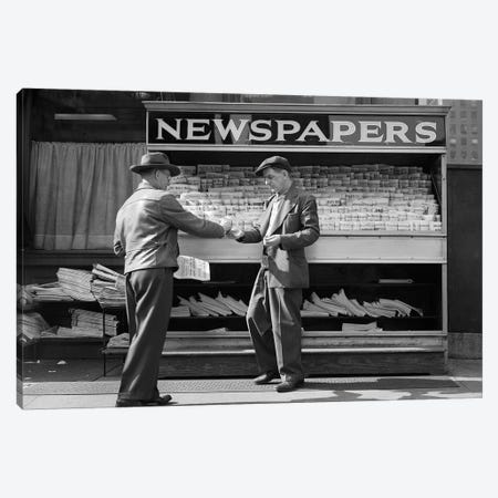 1940s Man Buying Newspaper From Vendor On Sidewalk New York City Canvas Print #VTG685} by Vintage Images Canvas Print