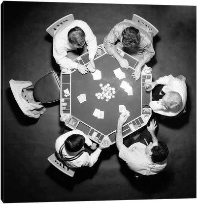 1950s High Angle Overhead View Of Five Anonymous Men Playing Poker Canvas Art Print