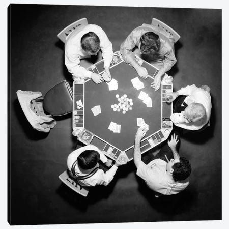 1950s High Angle Overhead View Of Five Anonymous Men Playing Poker Canvas Print #VTG688} by Vintage Images Canvas Artwork