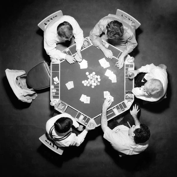 Cards & Board Games: 1950s High Angle Overhead View Of Five Anonymous Men Playing Poker by Vintage Images