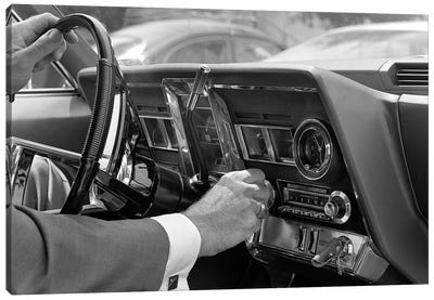 1960s Hand On Car Radio Dials And Steering Wheel Canvas Art Print