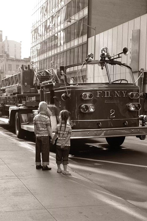 1970s 2 Children Boy Girl Holding Hands Looking At Fire Truck Parked On Street New York City