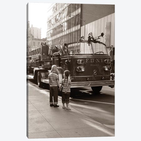 1970s 2 Children Boy Girl Holding Hands Looking At Fire Truck Parked On Street New York City Canvas Print #VTG694} by Vintage Images Canvas Wall Art