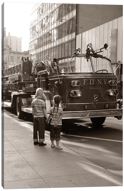 1970s 2 Children Boy Girl Holding Hands Looking At Fire Truck Parked On Street New York City Canvas Art Print