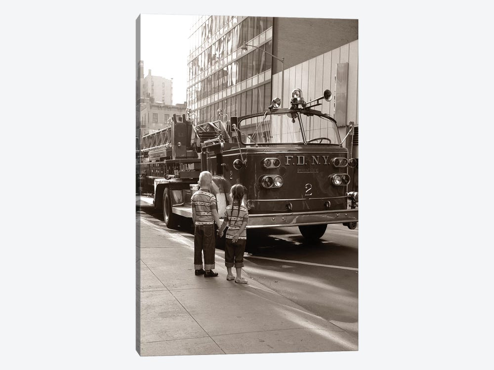 1970s 2 Children Boy Girl Holding Hands Looking At Fire Truck Parked On Street New York City by Vintage Images 1-piece Canvas Art Print