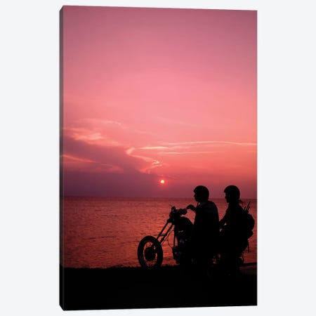 1970s Anonymous Silhouetted Couple Riding Chopper Motorcycle Against Ocean Sunset Canvas Print #VTG695} by Vintage Images Canvas Wall Art