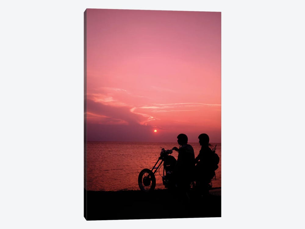 1970s Anonymous Silhouetted Couple Riding Chopper Motorcycle Against Ocean Sunset by Vintage Images 1-piece Canvas Art
