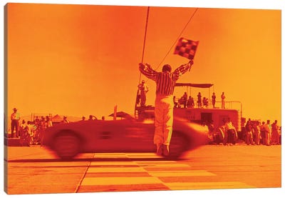 1970s Man Waving Checkered Flag At Finish Line End Of Sports Car Race Orange Filter Canvas Art Print - Auto Racing Art