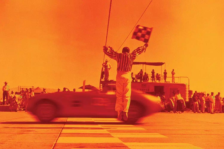 1970s Man Waving Checkered Flag At Finish Line End Of Sports Car Race Orange Filter