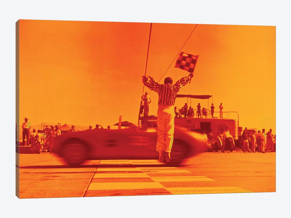 1970s Man Waving Checkered Flag At Finish Line End Of Sports Car Race Orange Filter by Vintage Images 1-piece Canvas Artwork