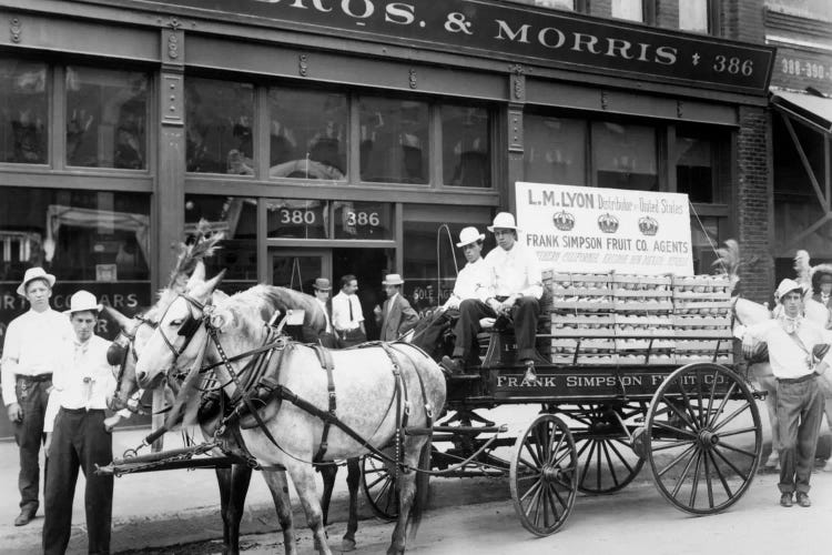 1890s Mule Drawn Fruit Delivery Wagon On City Street Surrounded By Men Looking At Camera