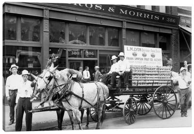 1890s Mule Drawn Fruit Delivery Wagon On City Street Surrounded By Men Looking At Camera Canvas Art Print - Industrial Office Art