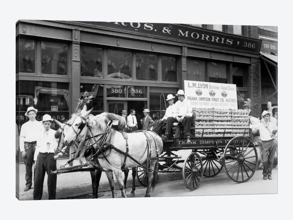 1890s Mule Drawn Fruit Delivery Wagon On City Street Surrounded By Men Looking At Camera by Vintage Images 1-piece Canvas Wall Art