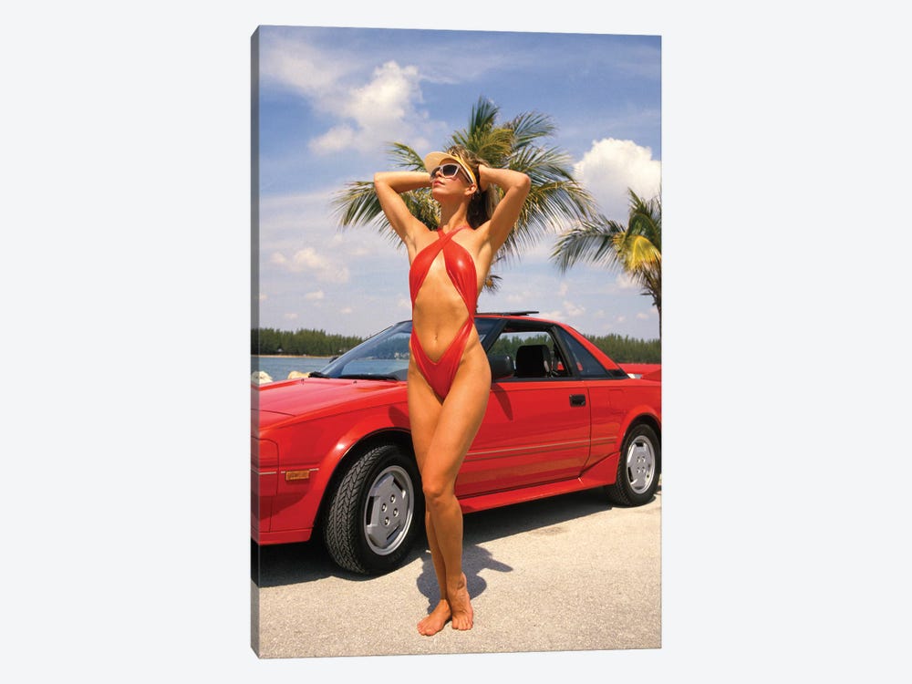 1980s Woman In Red Swimsuit In Front Of Red Car Miami Florida USA by Vintage Images 1-piece Art Print