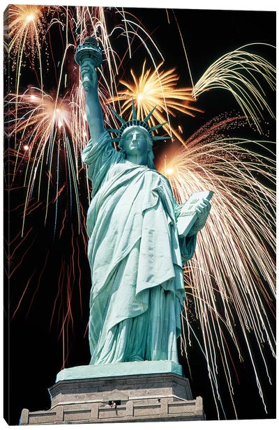 Fireworks Explode Behind Statue Of Liberty New York Ny Canvas Art Print - Fireworks