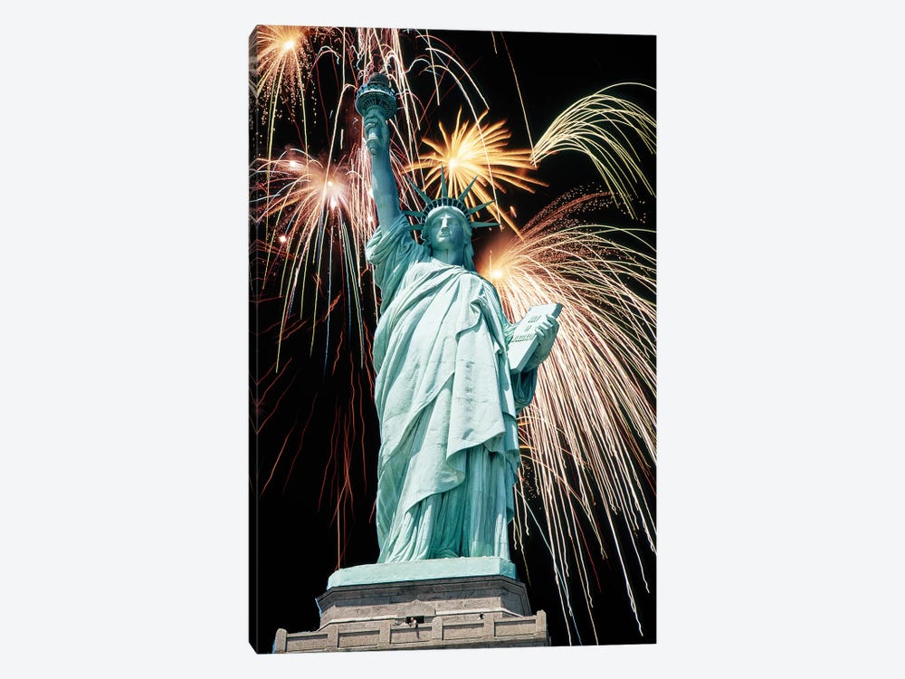 Fireworks Explode Behind Statue Of Liberty New York Ny by Vintage Images 1-piece Art Print