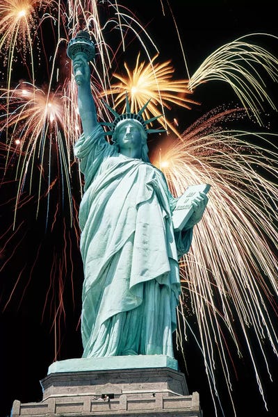 Fireworks Explode Behind Statue Of Liberty New York Ny