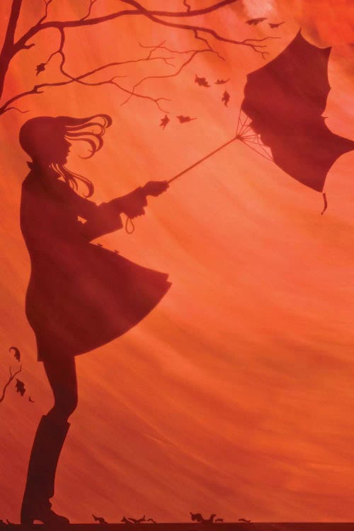 Illustration Silhouette Of Girl Holding Umbrella Blowing Away Raincoat Boots Tree Falling Leaves Wind Blowing Sunset by Vintage Images wall art