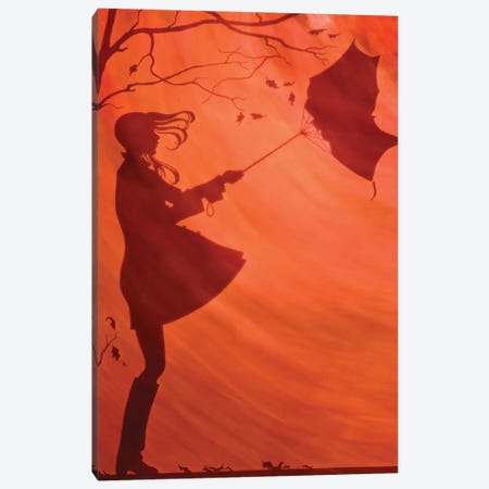 Illustration Silhouette Of Girl Holding Umbrella Blowing Away Raincoat Boots Tree Falling Leaves Wind Blowing Sunset Canvas Print #VTG712} by Vintage Images Canvas Art